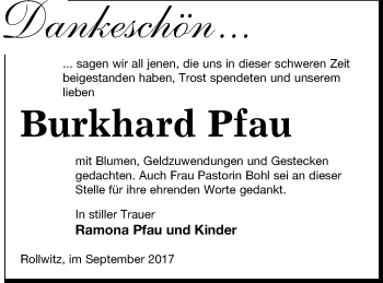 Traueranzeige von Burkhard Pfau von Pasewalker Zeitung