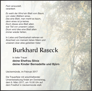 Traueranzeige von Burkhard Raseck von Haff-Zeitung
