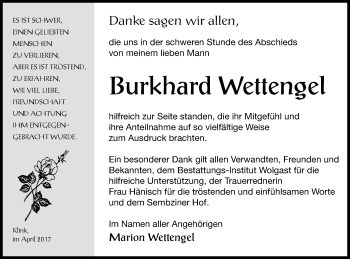 Traueranzeige von Burkhard Wettengel von Müritz-Zeitung