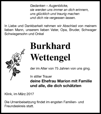 Traueranzeige von Burkhard Wettengel von Müritz-Zeitung