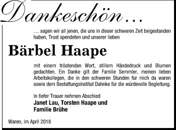 Traueranzeige von Bärbel Haape von Müritz-Zeitung