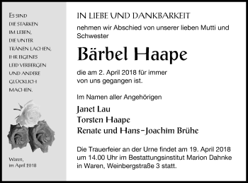 Traueranzeige von Bärbel Haape von Müritz-Zeitung