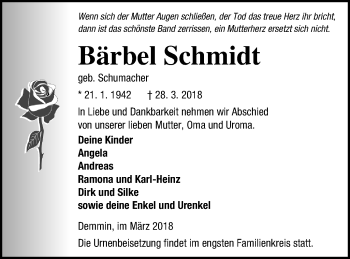 Traueranzeige von Bärbel Schmidt von Demminer Zeitung