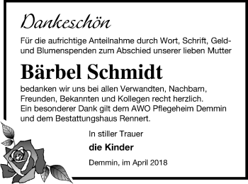 Traueranzeige von Bärbel Schmidt von Demminer Zeitung
