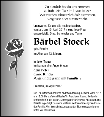 Traueranzeige von Bärbel Stoeck von Prenzlauer Zeitung