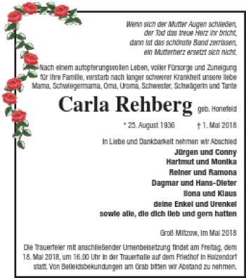 Traueranzeige von Carla Rehberg von Neubrandenburger Zeitung