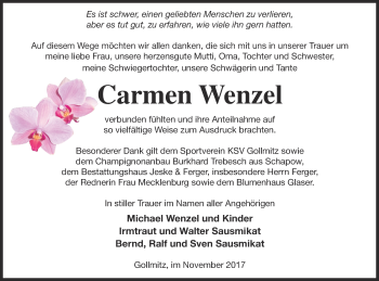 Traueranzeige von Carmen Wenzel von Prenzlauer Zeitung