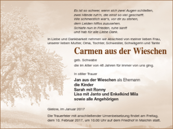 Traueranzeige von Carmen aus der Wieschen von Mecklenburger Schweiz