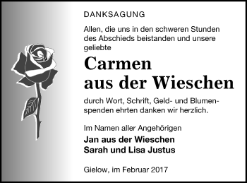 Traueranzeige von Carmen aus der Wieschen von Mecklenburger Schweiz