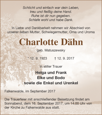 Traueranzeige von Charlotte Dähn von Prenzlauer Zeitung