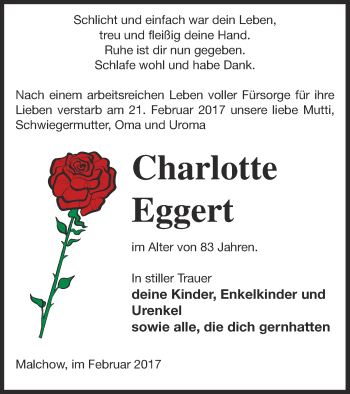Traueranzeige von Charlotte Eggert von Müritz-Zeitung