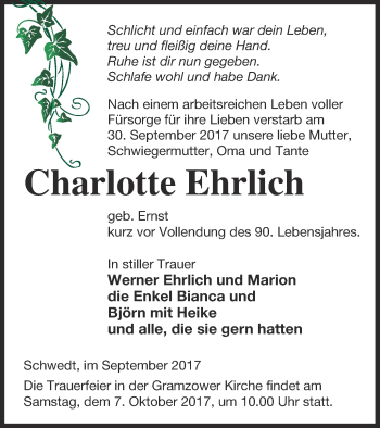 Traueranzeige von Charlotte Ehrlich von Prenzlauer Zeitung