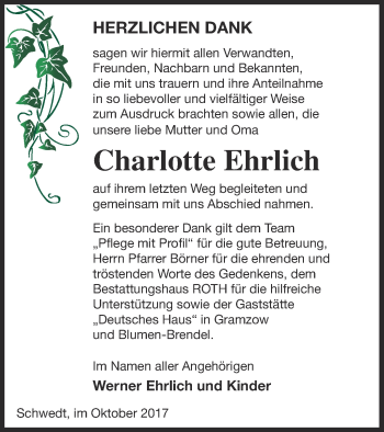 Traueranzeige von Charlotte Ehrlich von Prenzlauer Zeitung