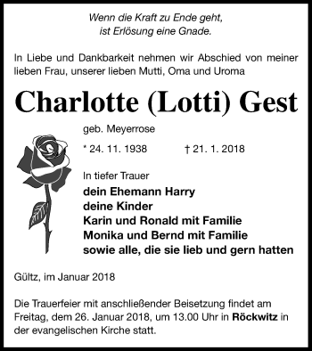 Traueranzeige von Charlotte Gest von Neubrandenburger Zeitung