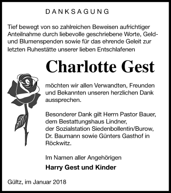 Traueranzeige von Charlotte Gest von Neubrandenburger Zeitung