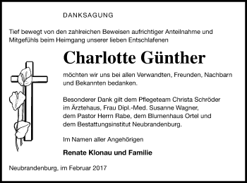 Traueranzeige von Charlotte Günther von Neubrandenburger Zeitung