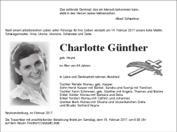 Traueranzeige von Charlotte Günther von Neubrandenburger Zeitung