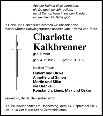 Traueranzeige von Charlotte Kalkbrenner von Pasewalker Zeitung