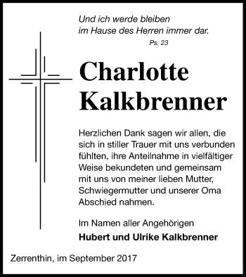 Traueranzeige von Charlotte Kalkbrenner von Pasewalker Zeitung