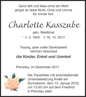 Traueranzeige von Charlotte Kasszube von Prenzlauer Zeitung