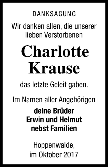 Traueranzeige von Charlotte Krause von Haff-Zeitung