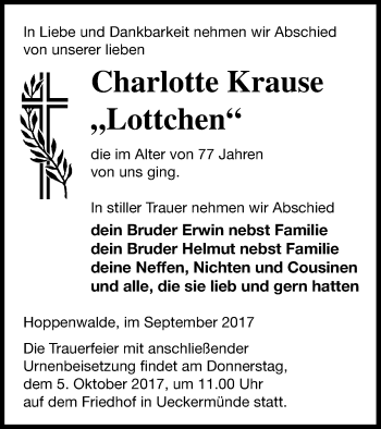 Traueranzeige von Charlotte Krause von Haff-Zeitung