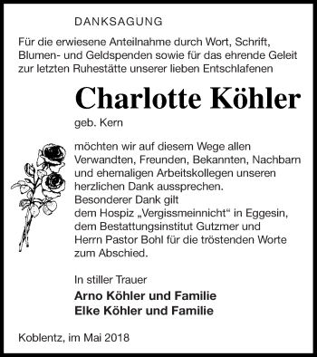 Traueranzeige von Charlotte Köhler von Pasewalker Zeitung