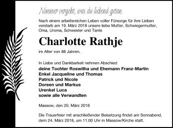 Traueranzeige von Charlotte Rathje von Müritz-Zeitung