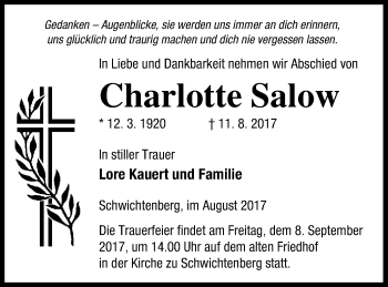 Traueranzeige von Charlotte Salow von Neubrandenburger Zeitung