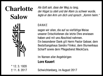 Traueranzeige von Charlotte Salow von Neubrandenburger Zeitung