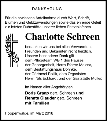 Traueranzeige von Charlotte Schreen von Haff-Zeitung