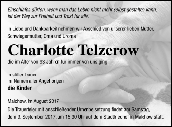 Traueranzeige von Charlotte Telzerow von Pasewalker Zeitung