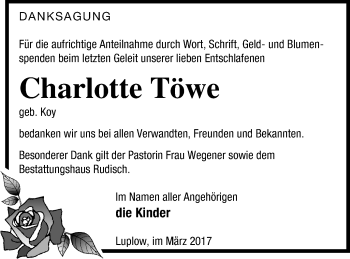 Traueranzeige von Charlotte Töwe von Neubrandenburger Zeitung