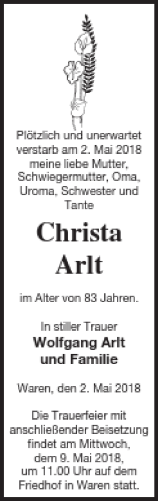 Traueranzeige von Christa Arlt von Müritz-Zeitung
