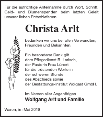 Traueranzeige von Christa Arlt von Müritz-Zeitung