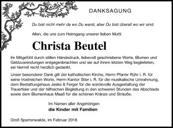 Traueranzeige von Christa Beutel von Prenzlauer Zeitung