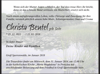 Traueranzeige von Christa Beutel von Prenzlauer Zeitung