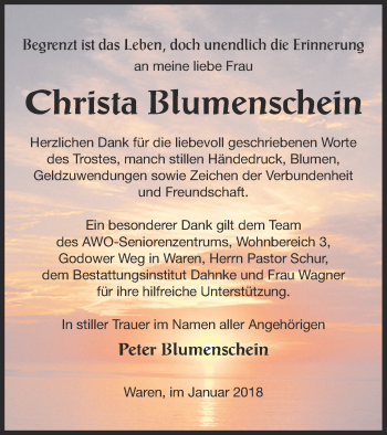 Traueranzeige von Christa Blumenschein von Müritz-Zeitung