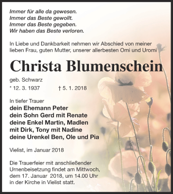 Traueranzeige von Christa Blumenschein von Müritz-Zeitung