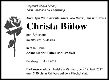 Traueranzeige von Christa Bülow von Neubrandenburger Zeitung