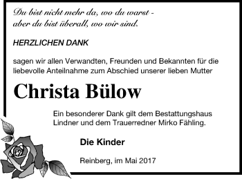 Traueranzeige von Christa Bülow von Neubrandenburger Zeitung