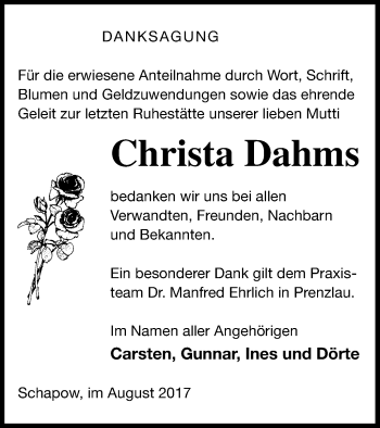 Traueranzeige von Christa Dahms von Prenzlauer Zeitung