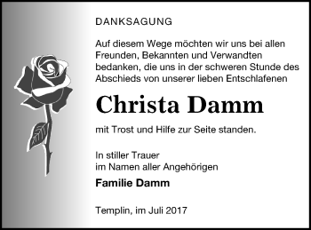 Traueranzeige von Christa Damm von Templiner Zeitung