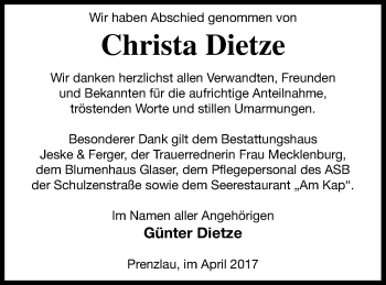 Traueranzeige von Christa Dietze von Prenzlauer Zeitung