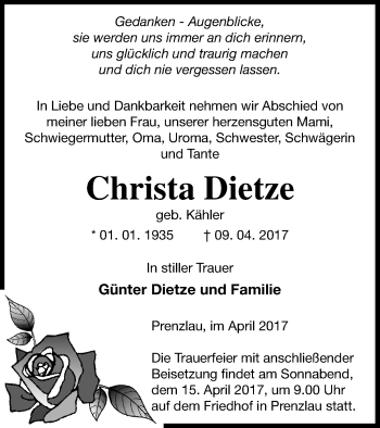 Traueranzeige von Christa Dietze von Prenzlauer Zeitung