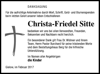 Traueranzeige von Christa-Friedel Sitte von Mecklenburger Schweiz