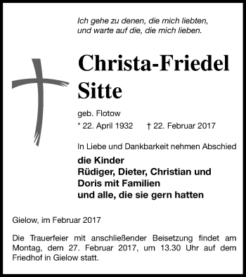 Traueranzeige von Christa-Friedel Sitte von Mecklenburger Schweiz