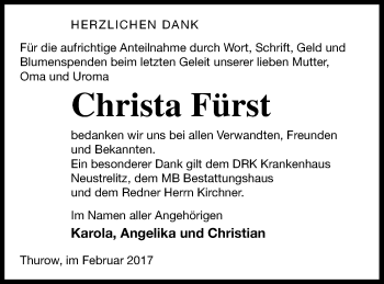 Traueranzeige von Christa Fürst von Strelitzer Zeitung