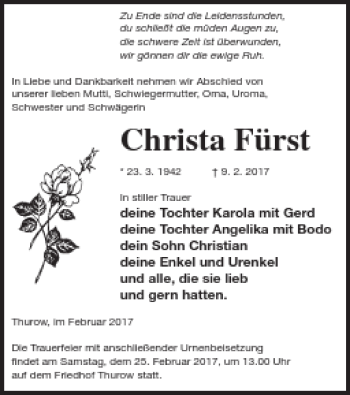 Traueranzeige von Christa Fürst von Strelitzer Zeitung