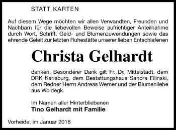 Traueranzeige von Christa Gelhardt von Vorpommern Kurier